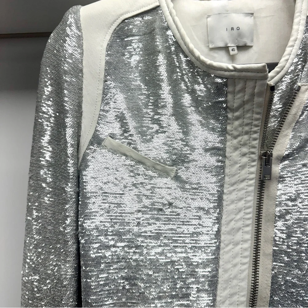IRO Paris Silver Sequin "Hadley" Moto Blazer with White Leather - Picture 9 of 16